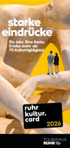 Two people stand on a large abstract sculpture. Text in German promotes the ruhr kultur.card 2026 and mentions access to over 70 cultural highlights in one year with one card.