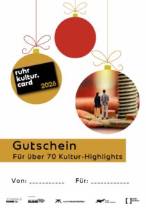 A festive voucher with two ornaments, the ruhr kultur.card 2026 logo, and a photo of people viewing art. Text reads Gutschein für über 70 Kultur-Highlights with blank spaces for sender and recipient.